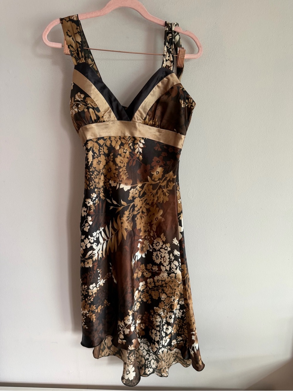 Vintage Y2K La Belle Floral Satin Chiffon Slip Dress Brown Gold Asymmetrical XS